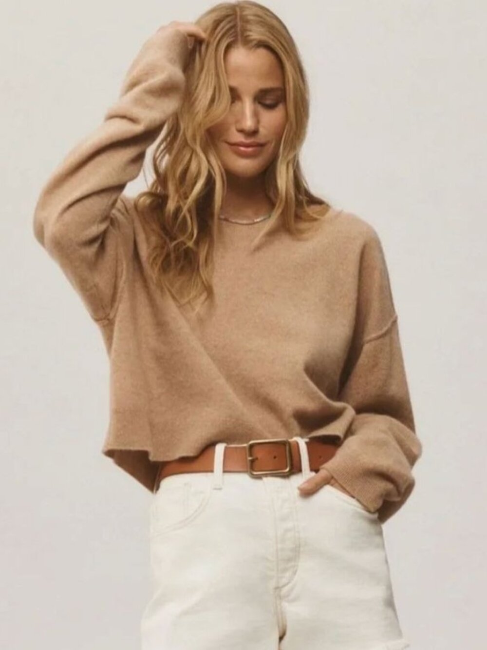 New Pilcro Small Brown Camel Alani Cashmere Sweater Crew Neck Cropped Minimalist